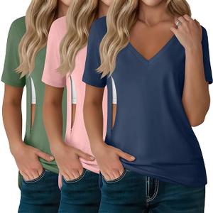3 Pack Women's Nursing Tops, Hidden Zipper Nursing Shirts for Breastfeeding & Pumping V Neck Short Sleeve, Apple Green, Light Pink, Haze Blue, S