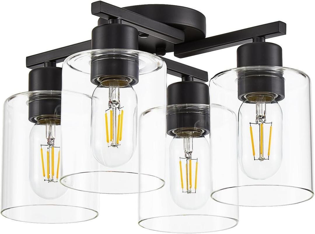 Kitchen Lighting Fixtures Ceiling, Black Semi Flush Mount Ceiling Light, 4 Light Kitchen Light Fixtures Cieling Lights with Clear Glass Shade for Bedroom Foyer Farmhouse Hallway