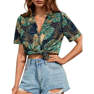 Verdusa Women's Collared Button Up Short Sleeve Tropical Shirts Hawaii Blouses (X-Large, Multicolor)