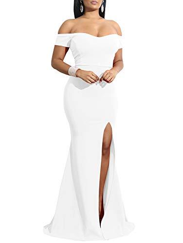 YMDUCH Women's Off Shoulder High Split Long Formal Party Dress Evening Gown White, Large