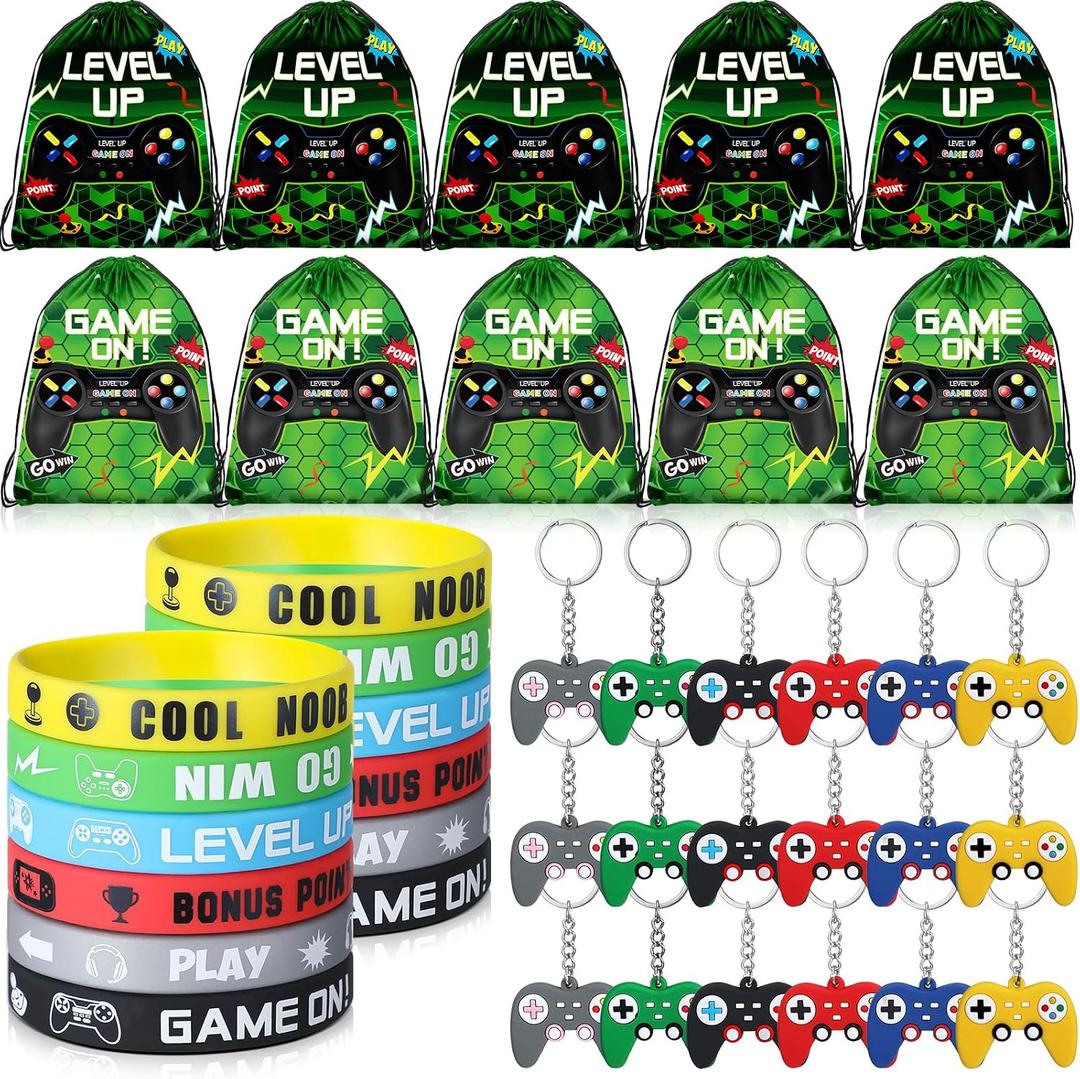 Nosiny 72 Pcs Video Game Party Favors Video Gamer Party Drawstring Bags Gaming Goodie Bag Silicone Bracelet Wristbands Keychain Classroom Rewards for Kids Birthday Bag Stuffers(Green,Vivid)