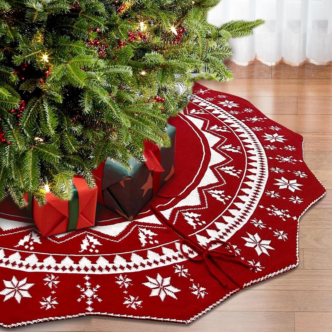 72 Inch Christmas Tree Skirt, Double-Sided Knit Red Tree Skirt for 12 ft Tree to 10ft Tree, Large Knitted Tree Skirt with Snowflakes Patterns for Christmas Tree Decorations Party Holiday