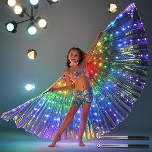 Light Up Fairy Wings for Girls, Rainbow Glowing Butterfly Wings Costume, Led Fairy Wings with Sticks for Christmas Halloween Party Carnival Costumes