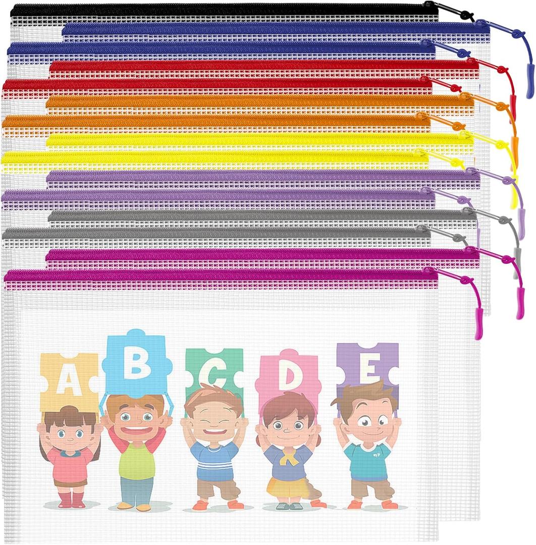 15PCS Mesh Zipper Pouch Bags File Storage Bags, A4 11x9 Inches Reusable Clear Zipper Pouches for Travel and Classroom Board Game Organization