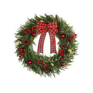 Christmas Wreath 20 Inch, Artificial Large Wreath with Pine Cone Red Berry Bow Ornaments for Front Door Decor Christmas Door Wreath Festival Home Indoor Outdoor Outside Decorations, Bow