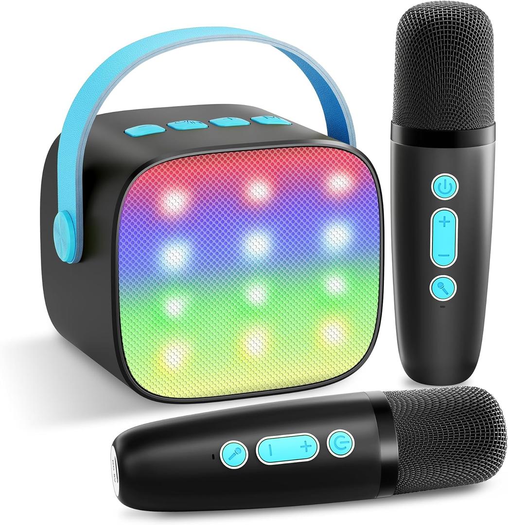 Mini Karaoke Machine with 2 Wireless Microphones, TOP Kids Gifts for Girls Ages 3, 4, 5, 6, 7, 8, 9,10,11,12 +Year Old, 4-12 Years Old Birthday Toy Gift for Girls Boys Party (Black Blue)
