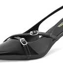 PODAIK Kitten Heels for Women Pointed Toe Pumps Low Heel Buckle Slingback Heels Wedding Dress Shoes, Black, Size 7,5