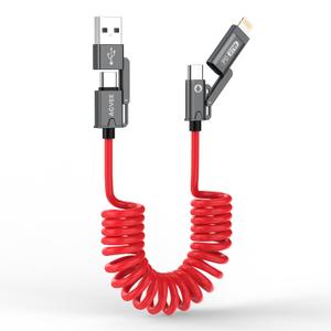 AGVEE 5ft 4-in-1 Coiled Multi USB C Charging Cable, Secure-Slide No-Loss Adapters, Slim Tips Fit Thick Cases, Lightning End Reinforced, PD 60W for iPhone Carplay, Samsung, iPad, Red
