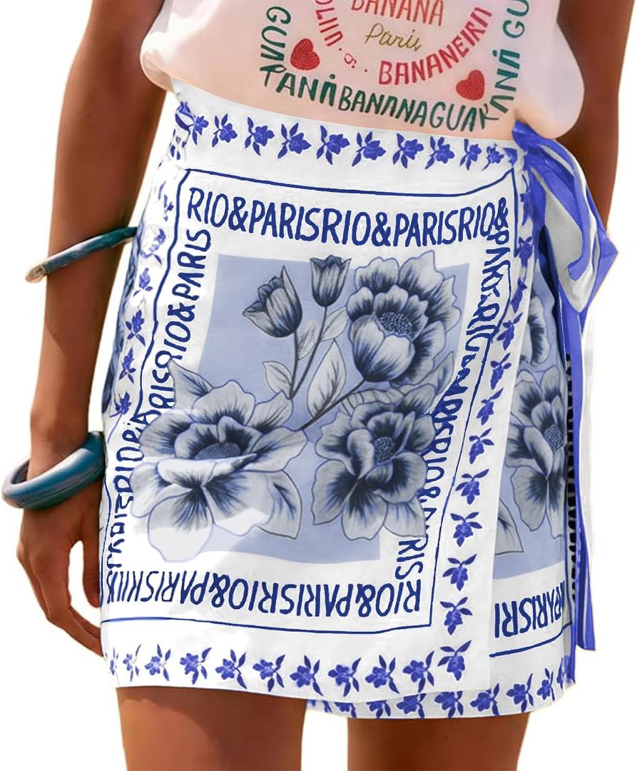 Womens Floral Wrap Mini Skirt High Waist A Line Beach Cover Up Boho (White, XL)