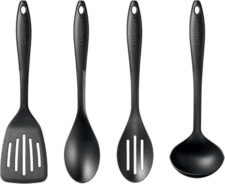 4-Piece Black – Slotted Turner, Solid Spoon, Slotted Spoon & Ladle, Nonstick-Safe, Heat Resistant to 400F, Dishwasher Safe