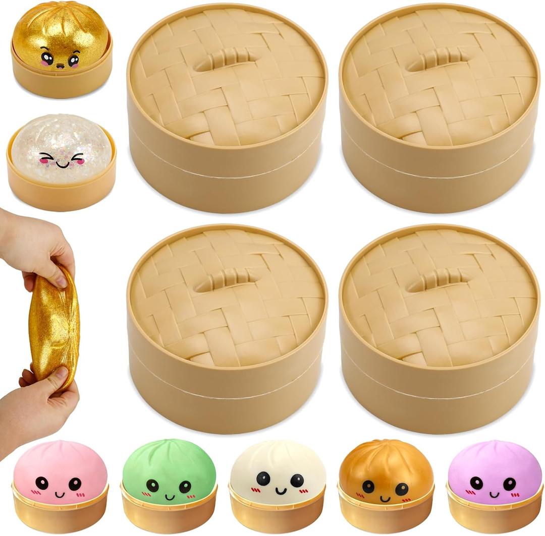 Dumpling Squishy Mystery Box, 4 Pack Dumplings Squishies Sensory Fidget Stress Balls for Adults and Kids Stress Relief Squeeze Classroom Prizes Goodie Bags Stuffers Gifts (Random Color)