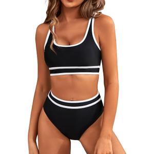 BMJL Women's High Waisted Bikini Sets Sporty Two Piece Swimsuits Color Block Cheeky High Cut Bathing Suits (Black, L)