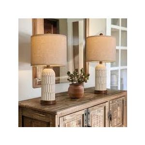 OYEARS 22.5" Table Lamp for Living Room,Retro Farmhouse Lamps for Nightstands Boho Bedroom Lamps Set of 2,with USB A+C Charging Ports,Beige and Brown