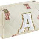 3 x Small Quilted Cotton Initial A-Z Makeup Bag, Personalized Aesthetic Chenille Letter Travel Cosmetic Pouch with Bear Pattern, Cute Preppy Toiletry Organizer Bag, Gift Ideal for Women Girls(Bear A)