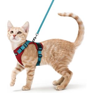 rabbitgoo Cat Harness and Leash for Walking, Escape Proof Soft Adjustable Vest Harnesses for Cats, Easy Control Breathable Reflective Strips Jacket, Red & Teal, S