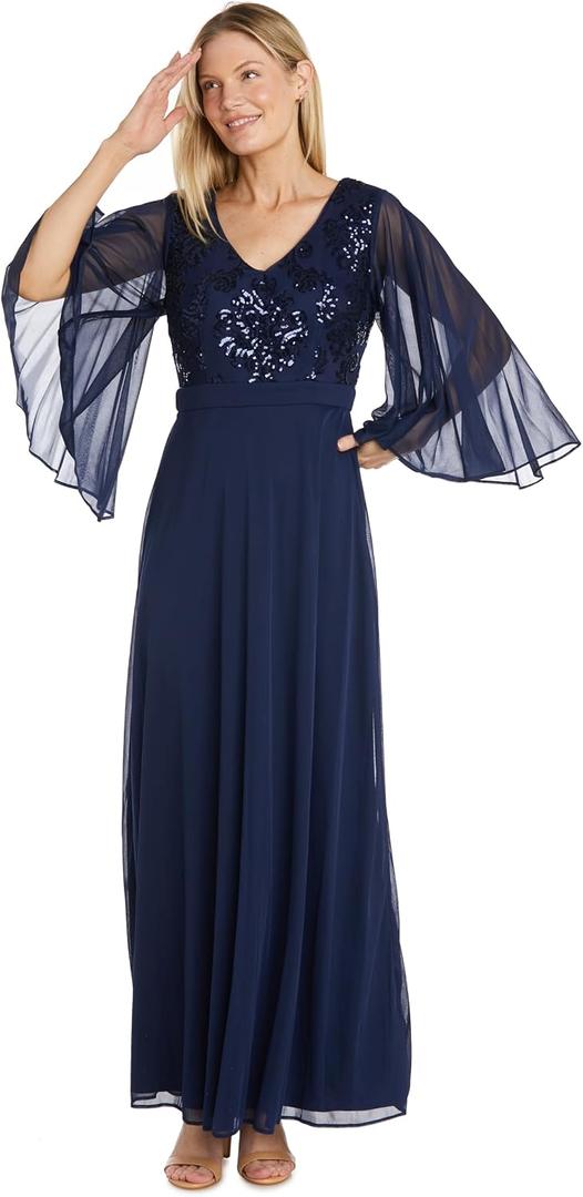 R&M Richards Women's Elegant Sequin Bodice Chiffon Maxi Dress W/Cape Sheer Sleeves | Evening Cocktail Party (Blue, L/12)