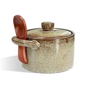 Salt Cellar with Lid & Spoon – Rustic Farmhouse Ceramic Spice Container for Pepper, Seasonings, and Sugar, Solid and Substantial, Retro Color, Perfect Housewarming Gift