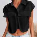 Tankaneo Womens Button Down Shirts Cute Summer Cap Sleeve Crop Tops Blouse (Black, XL)