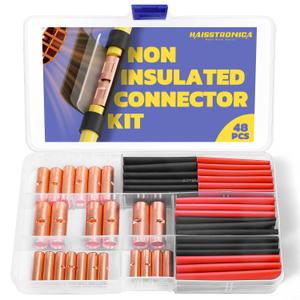 haisstronica Non Insulated Butt Connectors Kit, AWG 8-4 24pcs Bare Copper Splice Terminals with 24pcs 3:1 Heat Shrink Tubing for Automotive Marine Precision chamfered Uninsulated Wire Connectors