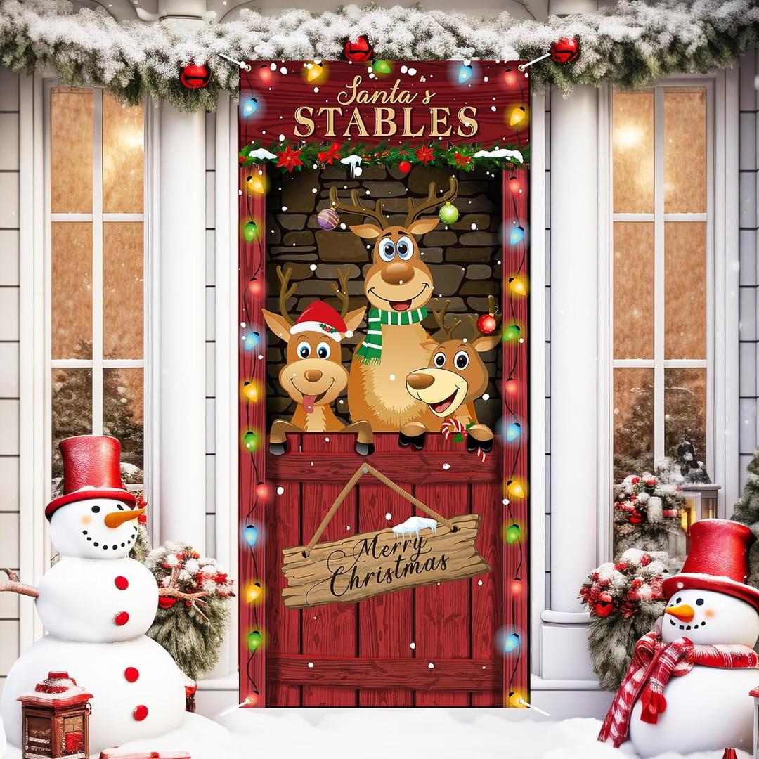 Christmas Door Cover Decoration Oxford Reindeer Stable Front Door Banner 79 x 35 in with Rope and Hooks Red Reindeer Elk Backdrop Xmas Hanging Cover Photography Background for Holiday Decor