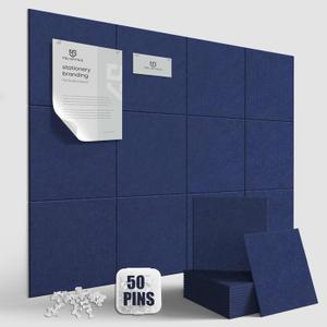 TSJOFFICE Large Cork Board for Wall - 48" x 36" Bulletin Board with 50 Pushpins for Office Decor, Pin Board 12 Pack Felt Wall Tiles with Safe Removable Adhesive Tabs, Corkboard for Home - Navy Blue