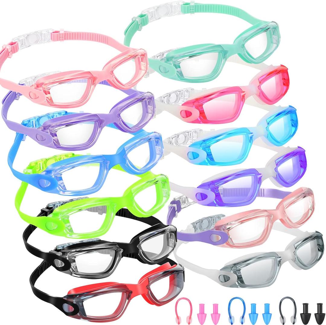 Xuhal 12 Pack Swim Goggles for Adult Anti Fog Swimming Glasses Leak Proof Swim with 12 Waterproof Nose Clips (Light Color)