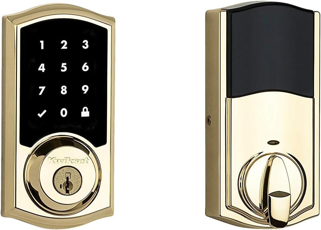 Kwikset 916 Keyless Entry Touchscreen SmartCode Electronic Deadbolt Smart Lock Featuring SmartKey Security and ZigBee 3.0 Technology in Traditional Polished Brass, Zigbee Hub Sold Separately