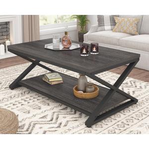 HSH Gray Storage Coffee Table, Modern Center Table for Living Room with Display Shelf, Simple Metal Wooden Rectangle Cocktail Tea Table, Minimalist Home Office Bedroom 2 Tier Coffee Table, 39 Inch