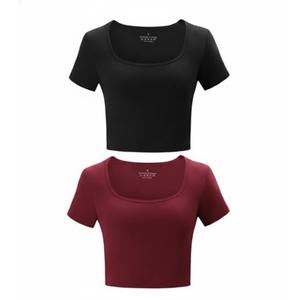 Kole Meego Square Neck Crop Tops for Women Workout Tops Trendy Going Out Tops Gym Summer Shirts 2 Pack, (Red, Black), Small