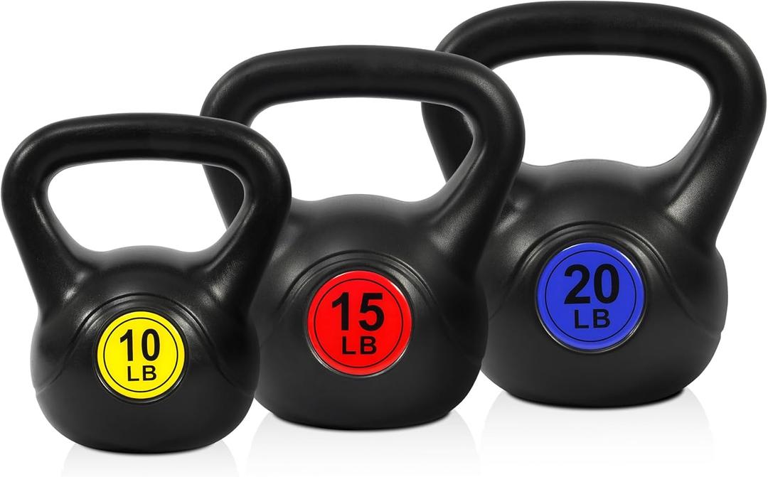 Fitvids Kettlebell Sets 3 Piece 10/15/20LB Strength Training KettleBells Weight Set, Black
