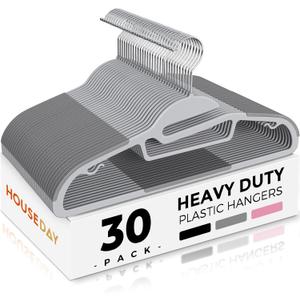HOUSE DAY Grey Plastic Hangers 30 Pack, Slim Space Saving, Non Slip Clothes Hangers with Rubber Pads, Sturdy Heavy Duty Coat Hanger for Closet, S-Shaped Hanger for Shirt, Suit, Pant, Skirt (Light Grey + Dark Grey)