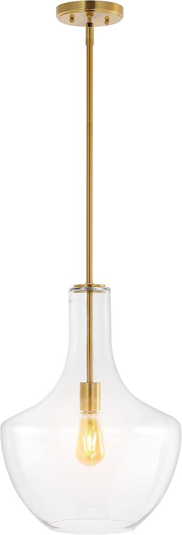 JONATHAN Y 13.25" Brass Gold/Clear Mid-Century Modern 1-Light LED Pendant Light Fixture, Adjustable Schoolhouse Hanging Lamp for Kitchen Island, Clear Glass Shade, LED Bulb Included (JYL6401C)