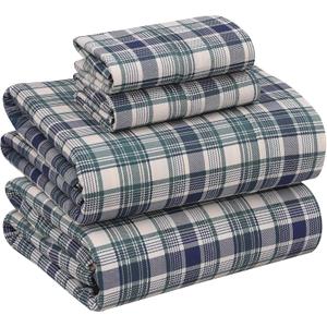 RUVANTI 100% Cotton Sheets  King Size Percale Bedding, Cooling & Breathable Floral Design, Durable with a Crisp, Soft & Comfortable Feel, 16" Deep Pocket, 4-Piece Set, Greenish Blue Plaid