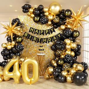 114pcs 40th Birthday Decorations for Men, 40th Birthday Decorations with 40th Birthday Banner Black Gold Confetti Birthday Balloons for 40 Year Old Birthday Decorations
