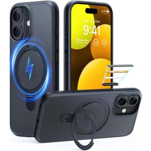 TORRAS Ostand Magnetic for iPhone 17 Case, Fit for MagSafe, 3X Military Drop Protection, Camera Control, Slim Phone Case for iPhone 17 with Kickstand, Soft Edge, Translucent Matte Cover 6.3", Black