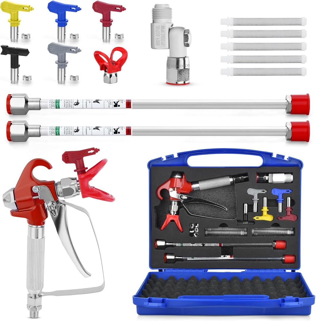 16PCS Airless Paint Sprayer Gun Set with 3600 PSI Airless Paint Sprayer Gun,1 Nozzle Guard,5 Reversible Spray Tips,2 Extension Wand,1 Swivel Joint,5 Filters and 1 Storage Box