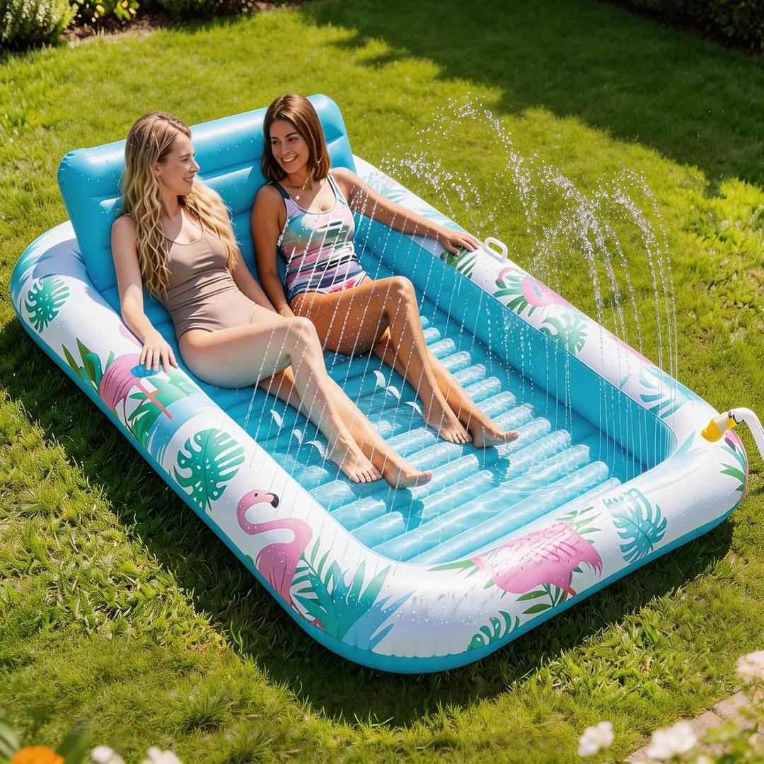 Inflatable Tanning Pool Lounger Float with Sprinkler, Pool Float Adult with Pillow & Cup Holder, Sunbathing Blow Up Tanning Bed, Suntan Tub Raft Floatie for Backyard Summer Water Party Extra-Large