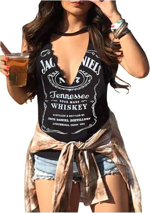 Summer Deep V Neck Tank Tops for Women Western Country Sleeveless Tee Shirts Teen Girls Sexy Casual Concert Tops Outfits (Large)
