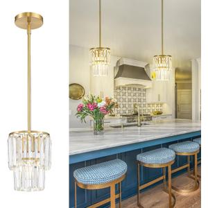 Small Chandelier Light Fixture, Gold Crystal Pendant Light, 2 Tiered 6.5" Modern Mini Hanging Lights, Vintage Chandeliers for Bedroom Dining Room Kitchen Island Entryway Living Room Foyer