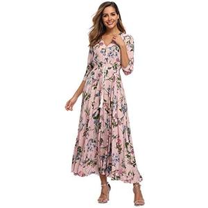 VintageClothing Women's Floral Maxi Dresses with Sleeves Flowy Boho Beach Dress S
