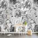 Nordic Black and White Peony Flower Wall Mural, Simple Plant Flowers Large Wall Murals, Wall Stickers Soft Texture Tear Resistant Apply to Bedroom Dining Room