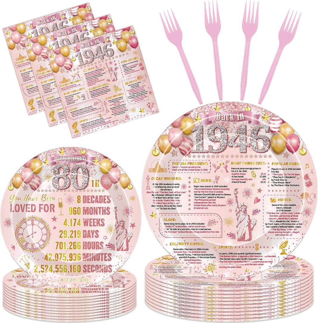80th Birthday Party Decorations - 96 Pcs Pink Rose Gold Happy 80 Years Old 1946 Paper Party Plates and Napkins Tableware Set Disposable Vintage Cheers Supplies Decor for Women Serves 24 Guests