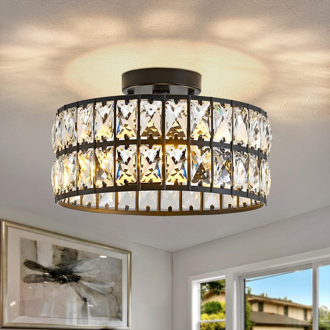 HuixuTe Modern Bedroom Light Fixtures Ceiling, 12.5" Round Drum Crystal Chandelier 3-Light, Black Semi Flush Mount Ceiling Light for Dining Room Kitchen Hallway Living Room