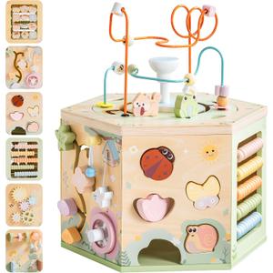 ROBUD Wooden Activity Cube, 13-in-1 Montessori Toys for 1+ Year Old, Educational Learning Toys for Toddlers Age, Fountain Garden Theme for Baby Boys & Girls