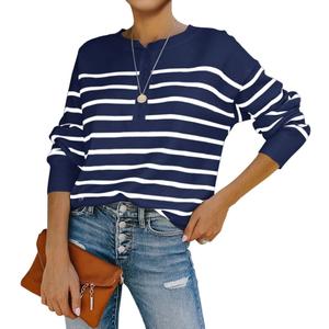 Womens Striped Henley Sweaters Soft Lightweight Long Sleeve Crew Neck Loose Fit Knit Pullover Tops (Small, Navy Blue)