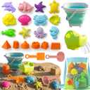 TOY Life 23 Pcs Ocean Beach Toys for Kids Ages 4-8 Collapsible Sand Toys with Watering Can, Silicone Bucket, Sand Castle Building Kit, Mesh Bag Ocean Animal Molds Travel Sandbox Toy for Summer Play