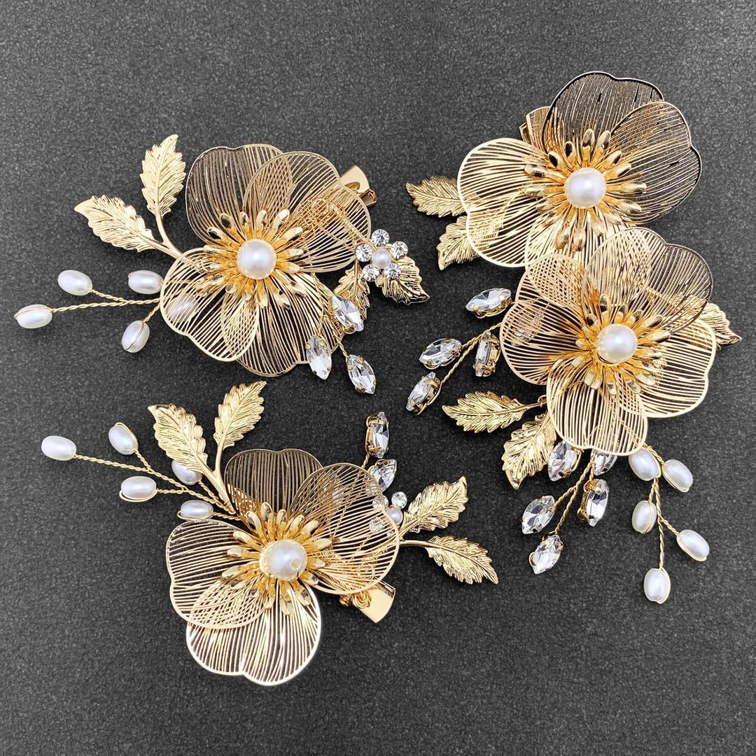 Bridal Gold Hair Clips Crystal Pearl Gold Metal Flower Leaf Hair Pieces Accessories for Wedding (Pack of 3)