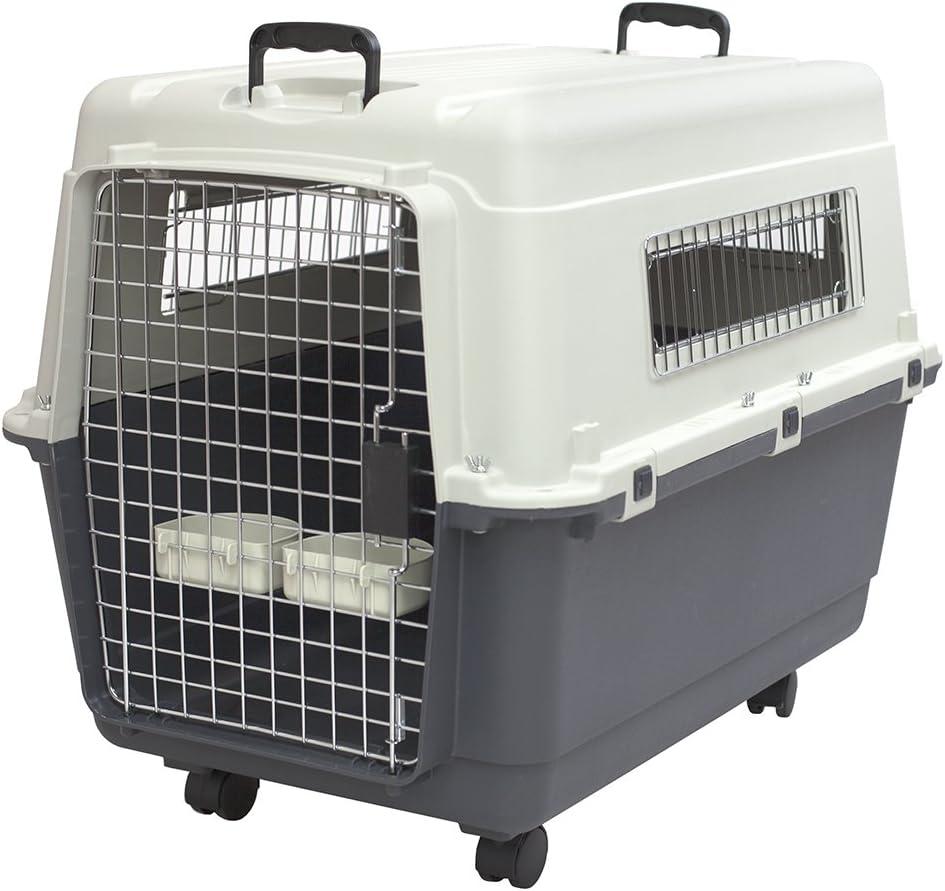 SportPet Airline Compliant LARGE 31.5" Travel Dog Kennel-Durable Plastic Airline Pet Carrier w/ Removable Wheels & Food Bowls, Collapsible Indoor/Outdoor Dog Kennel, Dogs up to 28"L & 20"H-Cream/Gray
