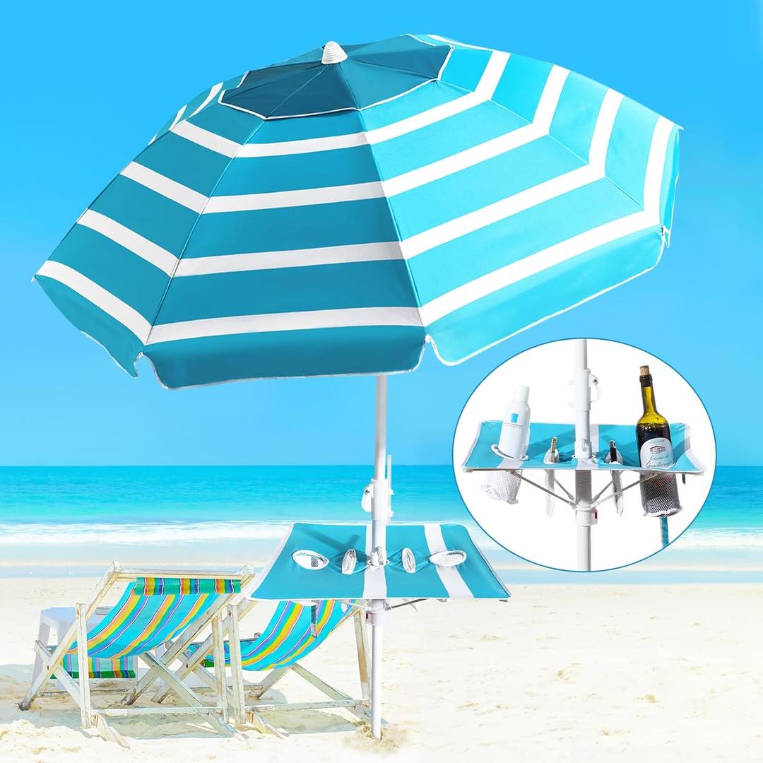 Beach Umbrella - Beach Umbrella for Sand Wind Portable with Tilt Pole, 6.56 FT Arc Length 5.9 FT Diameter, Heavy Duty Wind Resistant Striped Large Umbrellas, UV 50+ Parasol with Anchor Screw Adjustable Height (Blue-2)