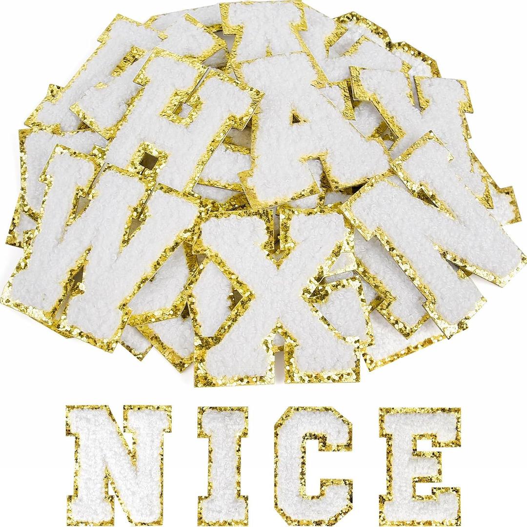 ASTARON 52 Pcs Self Adhesive Letter Patches Chenille Letters Stickers, A-Z Embroidered Applique Patches Alphabet Cloth Patch for Clothes, Bags, Hat, Phone Case, DIY Accessories (White)